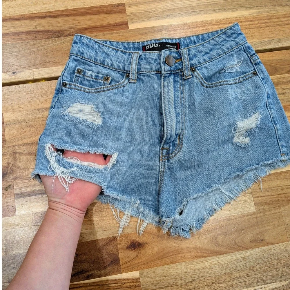 BDG Womens Denim Jean Shorts High Rise Cheeky 24 Distressed Cutoff Festival Y2K